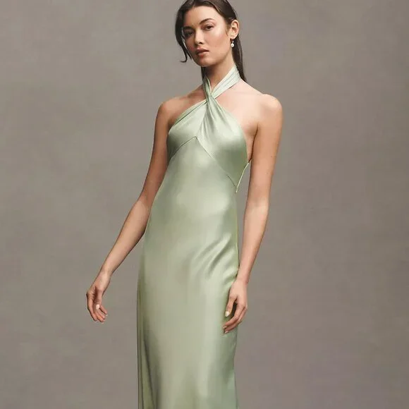 BHLDN | Dresses | Selma Halterneck Satin Maxi Dress Sage Green | Poshmark